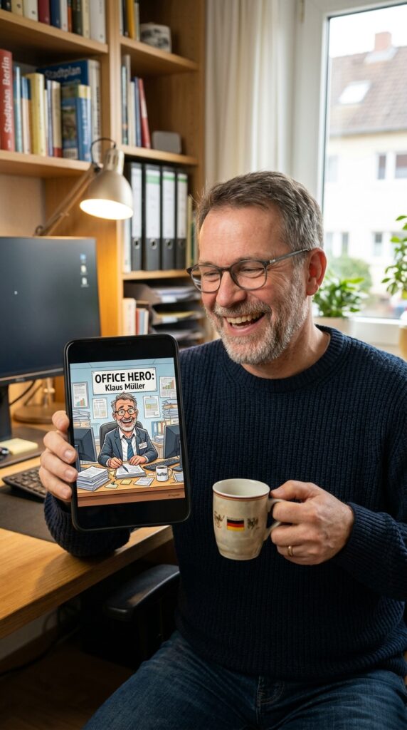 Mann betrachtet KI-Job-Karikatur auf Smartphone